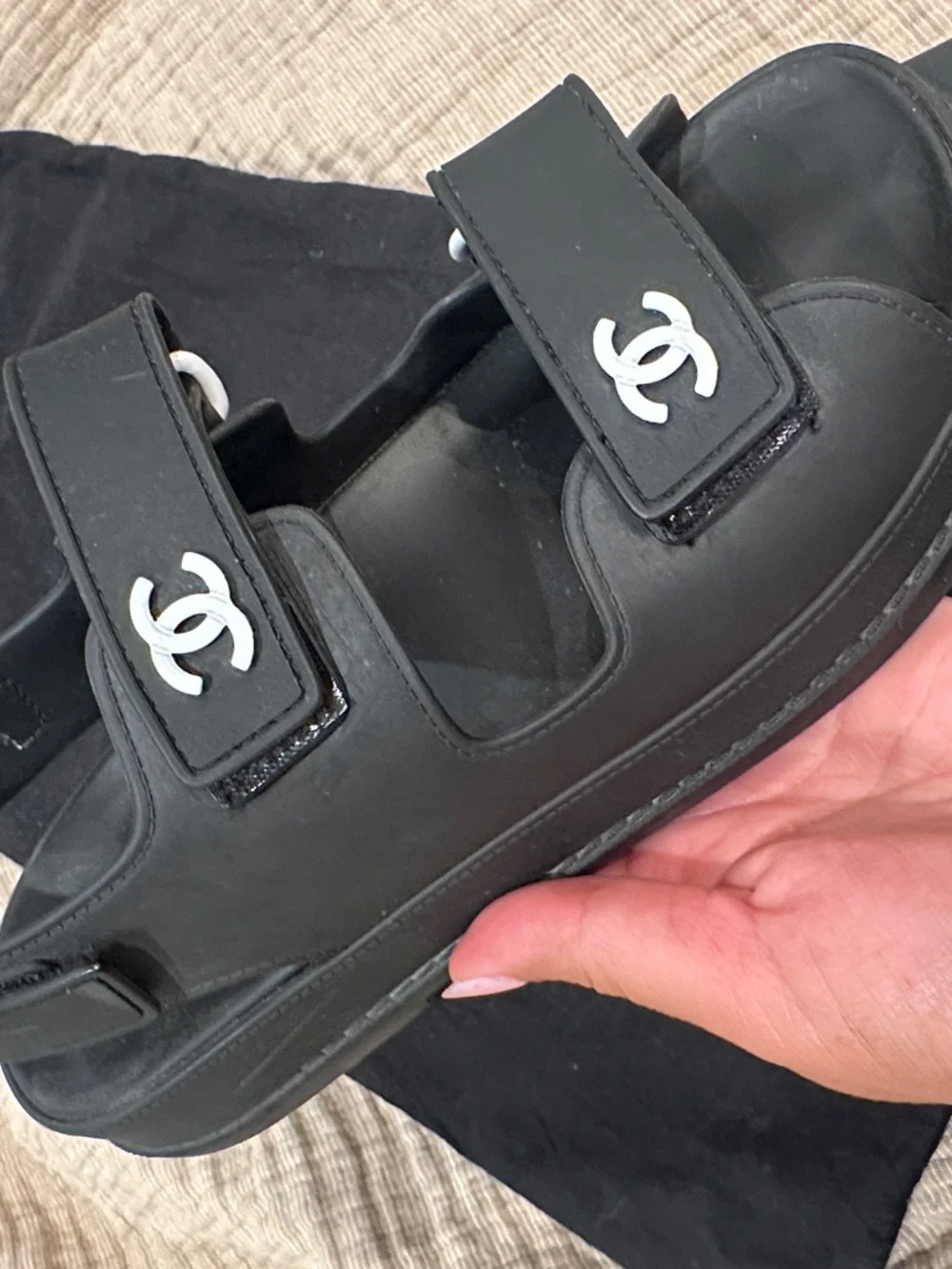 CHANEL Dad- Black Rubber Double-Strap Sandals